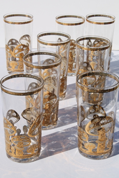 60s 70s vintage Culver glasses w/ retro gold mushrooms, magic mushroom bar glass set