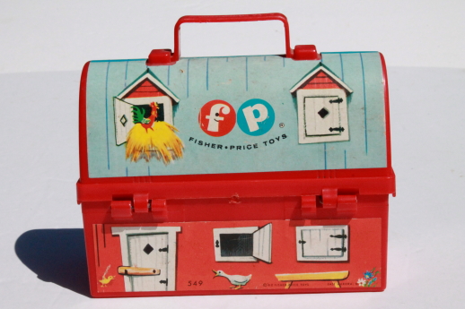 60s 70s vintage Fisher-Price toy lunchbox, little red barn lunch pail