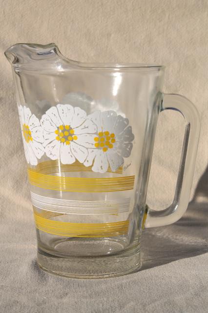 60s 70s vintage glass pitcher w/ daisies, yellow & white striped bands & flowers