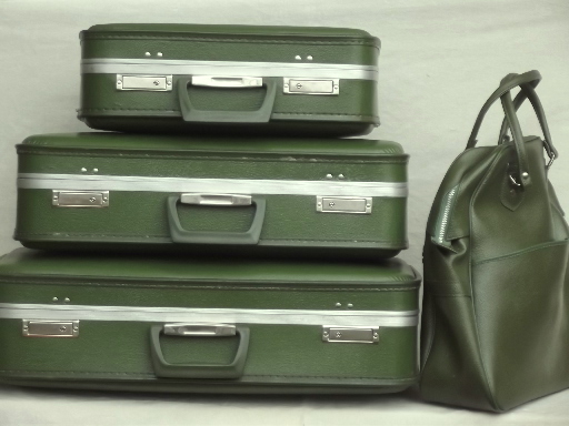 60s 70s vintage luggage set, avocado green suitcases & satchel carry on bag