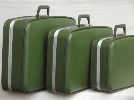 60s 70s vintage luggage set, avocado green suitcases & satchel carry on bag