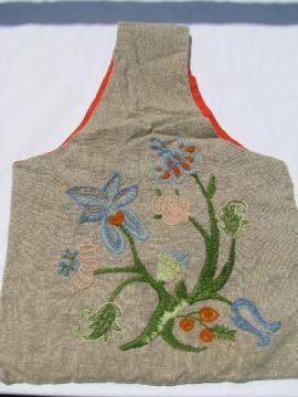 60s hippie vintage tote bag purse, crewel wool embroidery on flax linen