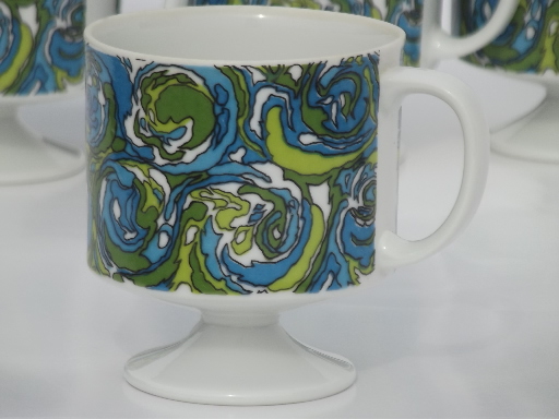 60s mod blue & green coffee mugs, vintage Holt Howard china cups dated 1968