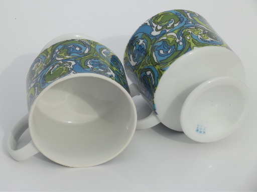 60s mod blue & green coffee mugs, vintage Holt Howard china cups dated 1968