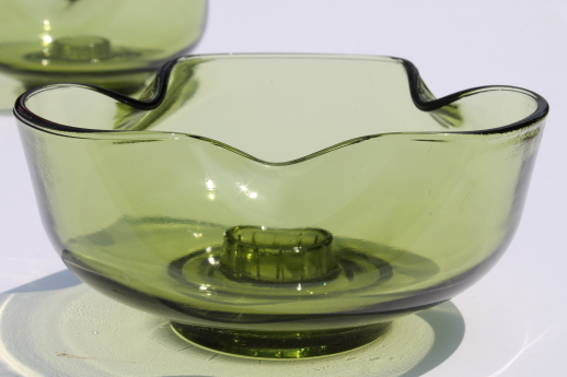 60s mod pinch shape glass candleholders, vintage avocado green glass candle bowls