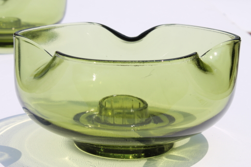 60s mod pinch shape glass candleholders, vintage avocado green glass candle bowls
