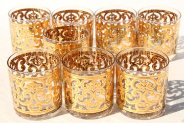 60s mod vintage Briard Spanish Gold scrolls old fashioned glasses, lowball tumblers