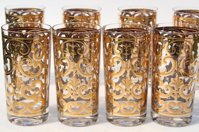 60s mod vintage Georges Briard Spanish Gold scrolls highball glasses, retro tumblers set