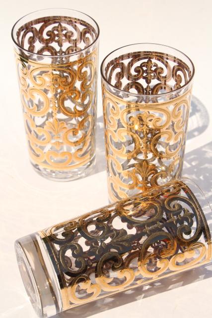 60s mod vintage Georges Briard Spanish Gold scrolls highball glasses, retro tumblers set