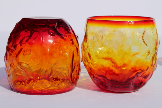 60s mod vintage roly poly drinking glasses, amberina red orange Morgantown crinkle glass