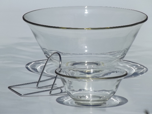 60s retro chip & dip set, glass bowls with wire rack 'floating' bowl