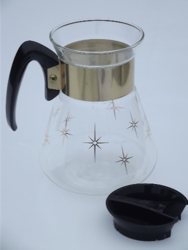60s retro gold starburst Corning glass carafe w/ candle warming stand