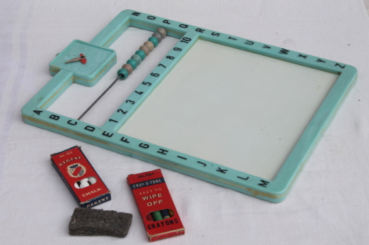60s vintage 5 in 1 slate board toy for chalkboard / crayon drawing, counting beads