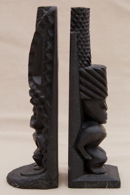 60s vintage Hawaiian black lava tiki totem statues, Coco Joe Hawaii
