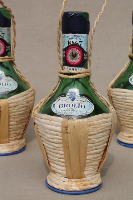 60s vintage Italian glass wine bottles, mini basket wrapped bottle lot