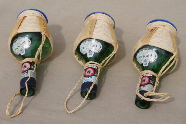 60s vintage Italian glass wine bottles, mini basket wrapped bottle lot