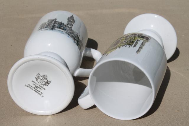 60s vintage Kaysons - Japan ceramic mugs, tall footed coffee cups w/ world travel landmarks