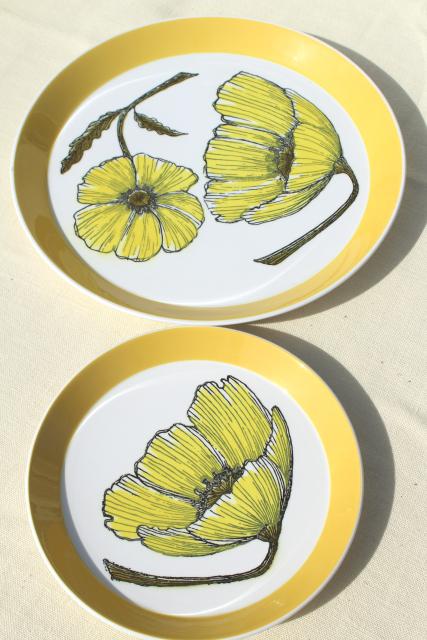 60s vintage Mikasa duet Duplex china dinnerware set, mod yellow poppy black line drawing