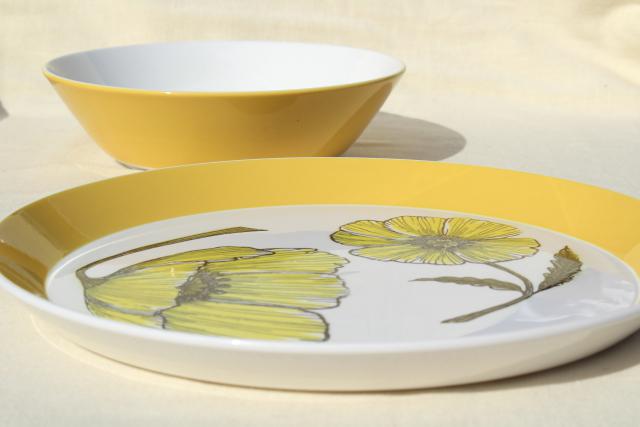 60s vintage Mikasa duet Duplex china dinnerware set, mod yellow poppy black line drawing
