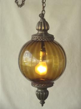 60s vintage amber glass swag lamp, retro round globe hanging light