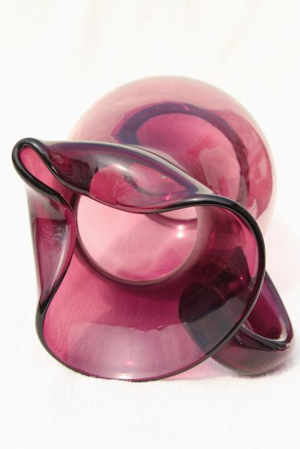 60s vintage amethyst purple glass pitcher, mod pinch shape hand blown glass