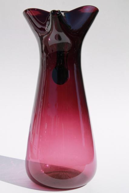 60s vintage amethyst purple glass tall cocktail pitcher, pinch spout hand blown glass