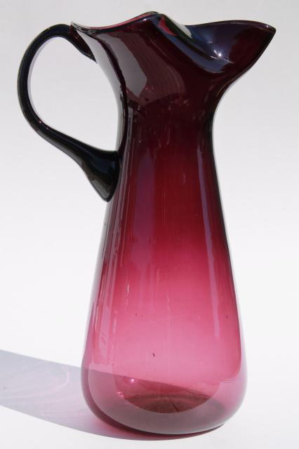 60s vintage amethyst purple glass tall cocktail pitcher, pinch spout hand blown glass