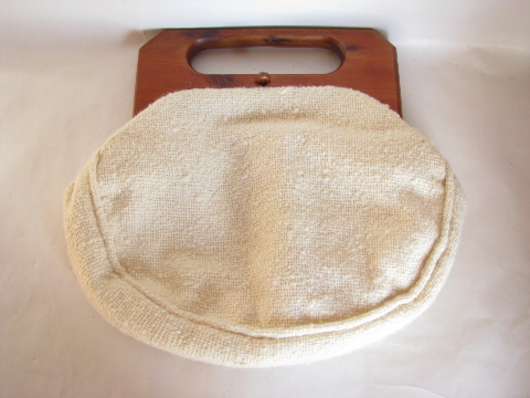 60s vintage Bermuda bag purse, nubby ivory wool cover, Trimingham's label