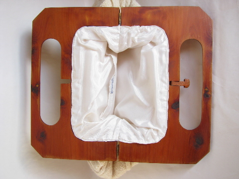 60s vintage Bermuda bag purse, nubby ivory wool cover, Trimingham's label