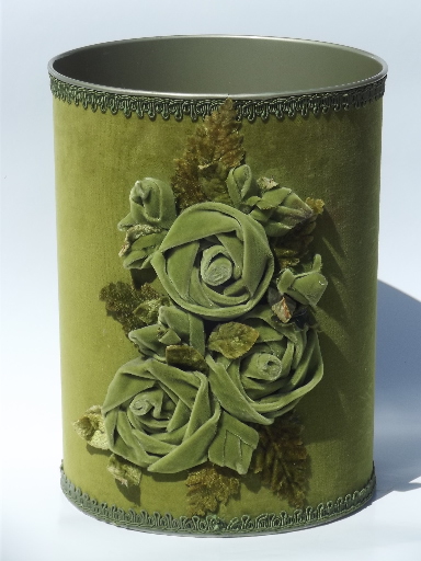 60s vintage boudoir wastebasket w/ lush antique green velvet roses