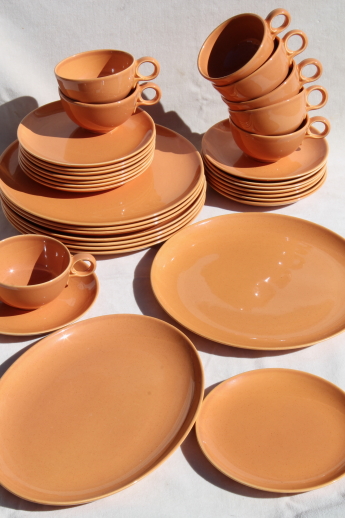 60s vintage burnt orange Pebbleford TS&T pottery dinnerware set, mod adobe terracotta color