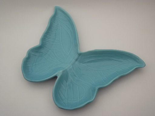60s vintage butterfly ceramic dish, retro aqua blue pottery butterfly
