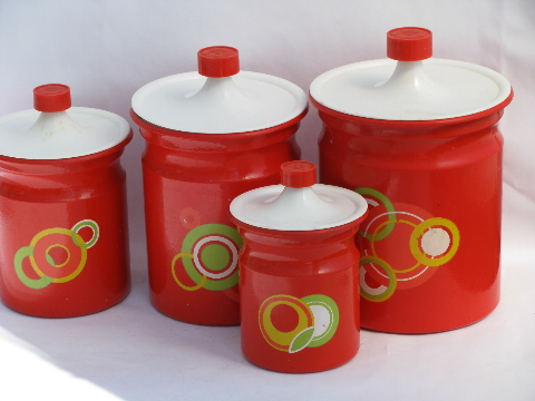 60s vintage canister set, kitchen canisters w/ big mod circles