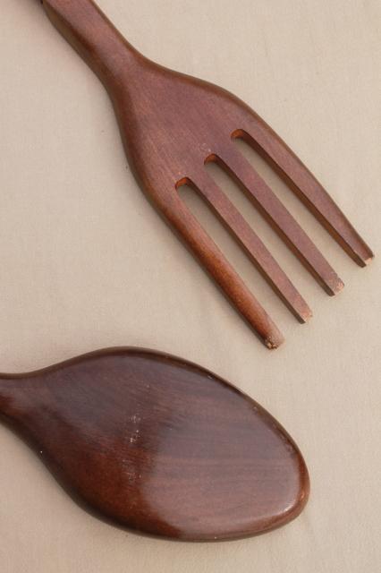 60s vintage carved wood fork & spoon wall art, polynesian tiki bar restaurant lounge decor