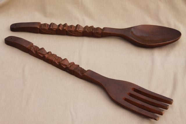 60s vintage carved wood fork & spoon wall art, polynesian tiki bar restaurant lounge decor