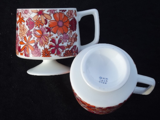 60s vintage coffee mugs, retro orange & pink flowers & mod geometric print