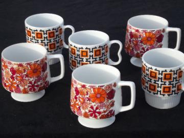 60s vintage coffee mugs, retro orange & pink flowers & mod geometric print