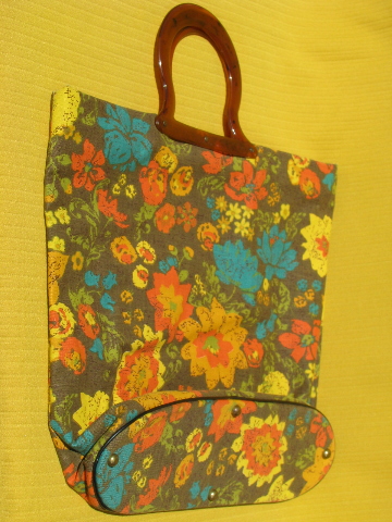 60s vintage cotton canvas tote / shopping bag, retro flowers print