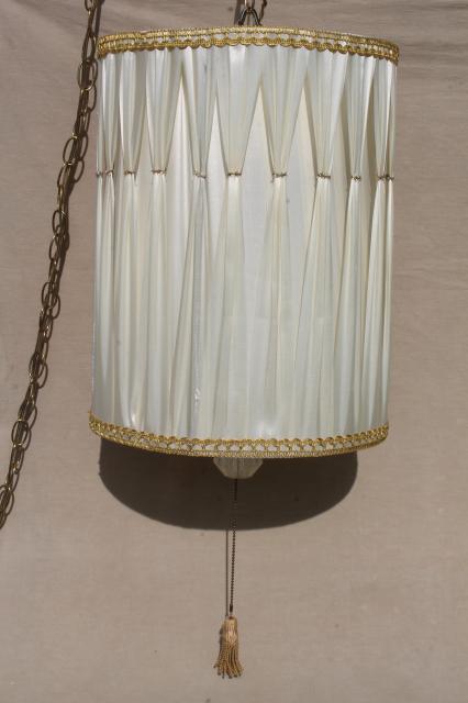 60s vintage drum shade pendant light, hollywood regency white & gold lampshade swag lamp