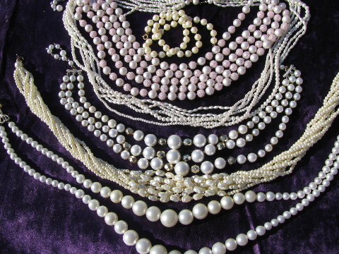 60s vintage faux pearls, retro plastic pearl necklaces lot, chokers & strings