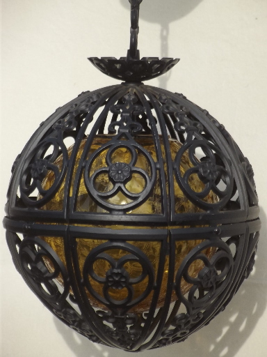 60s vintage globe pendant light, retro amber glass gothic Spanish iron hanging lamp