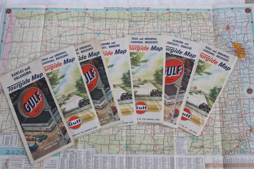 60s vintage Gulf oil advertising Tourgide maps, midwest / southern states road map lot