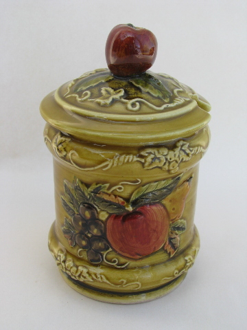 60s vintage harvest colors fruit pattern tray & mustard jar, Lefton - Japan