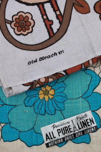 60s vintage kitchen linens lot, printed linen tea towels, embroidered towel set etc.