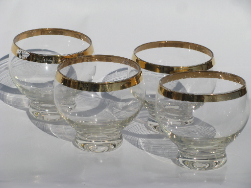 60s vintage mod stemless wine glasses, gold band balloon glass shape