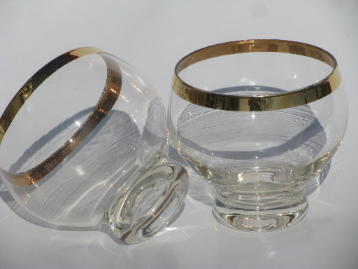60s vintage mod stemless wine glasses, gold band balloon glass shape