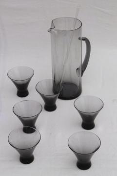 60s vintage Morgantown Normandie blue grey smoke glass cocktail glasses & pitcher