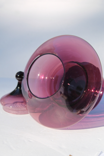 60s vintage moroccan amethyst purple glass genie jar, hand-blown art glass candy dish