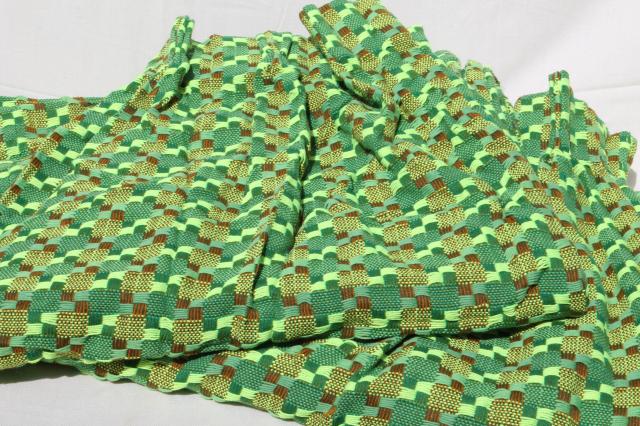 60s vintage nubby tweed drapes, heavy fabric panels retro yarn woven green & brown curtains