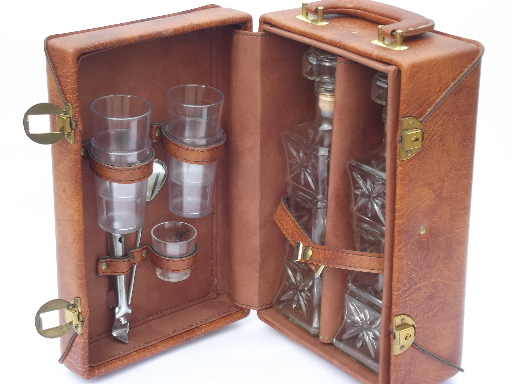 60s vintage portable bar locking travel case, fully equipped w/ decanters